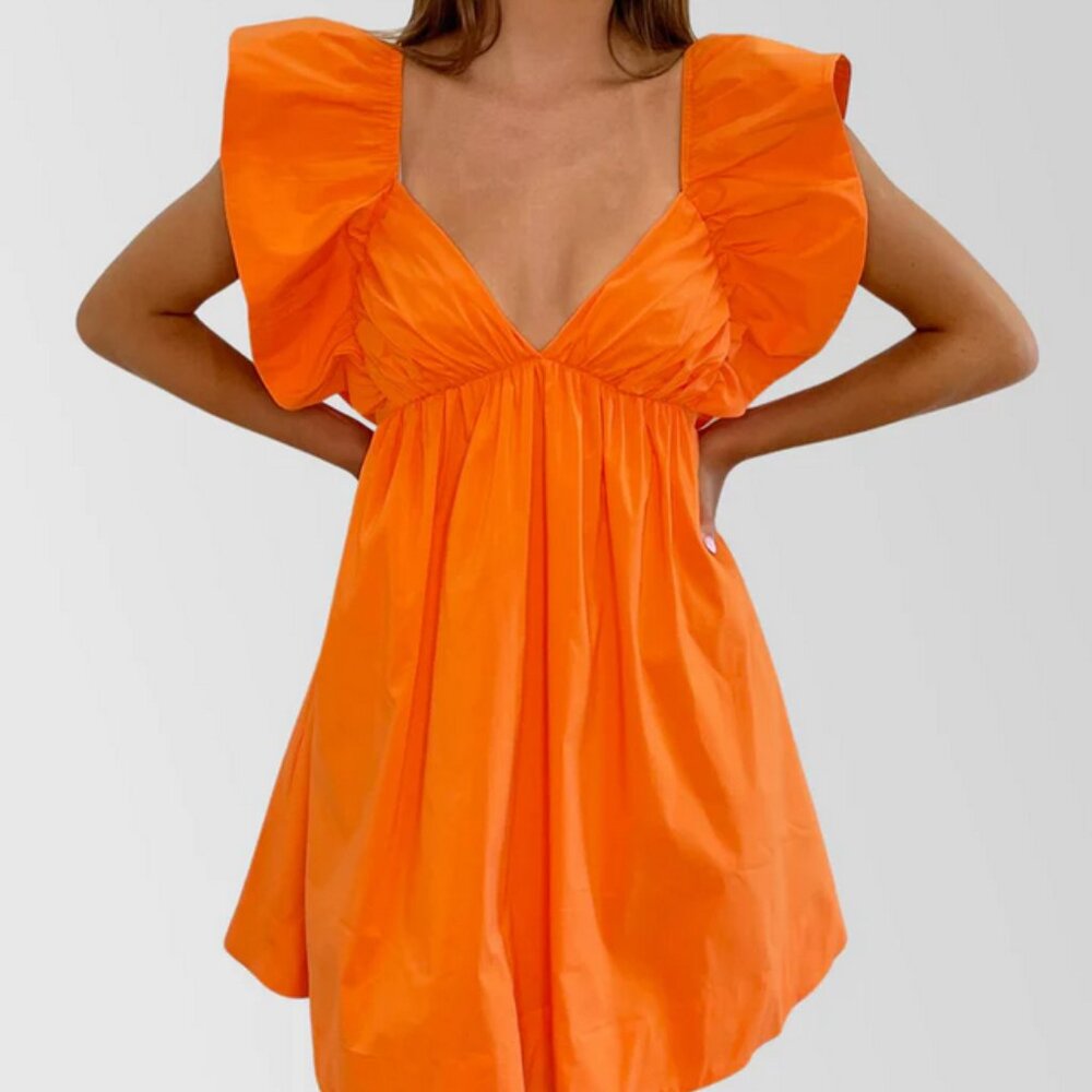 Olivaceous Bright Orange Ruffle-Sleeve Mini Dress